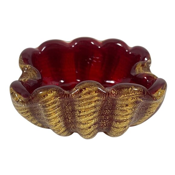 Vintage Deep Red Gold Flecks Inlay Art Glass Mid Century Bowl Trinket Dish - Picture 5 of 13